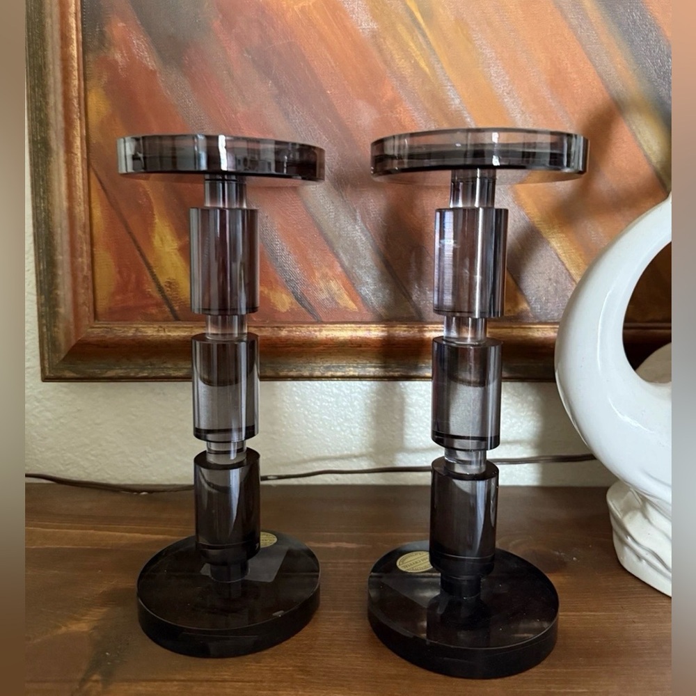New smoked glass crystal high end French modern pair of candle holders 9”